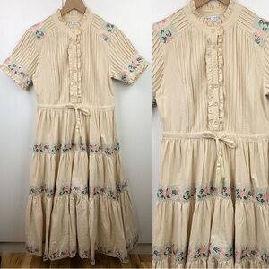 Ivy City Co Cream Midi Dress with Pink & Green Floral Trim